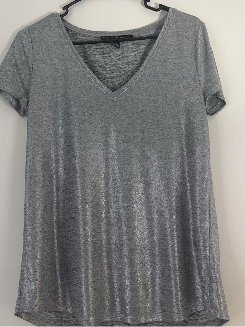 White House Black Market Metallic Silver V-Neck Short Sleeve Tee